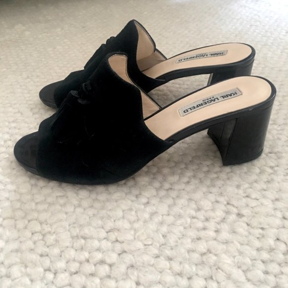 Karl Lagerfeld Paris Hettie Suede Mules sandal heels black 6 - Picture 5 of 15